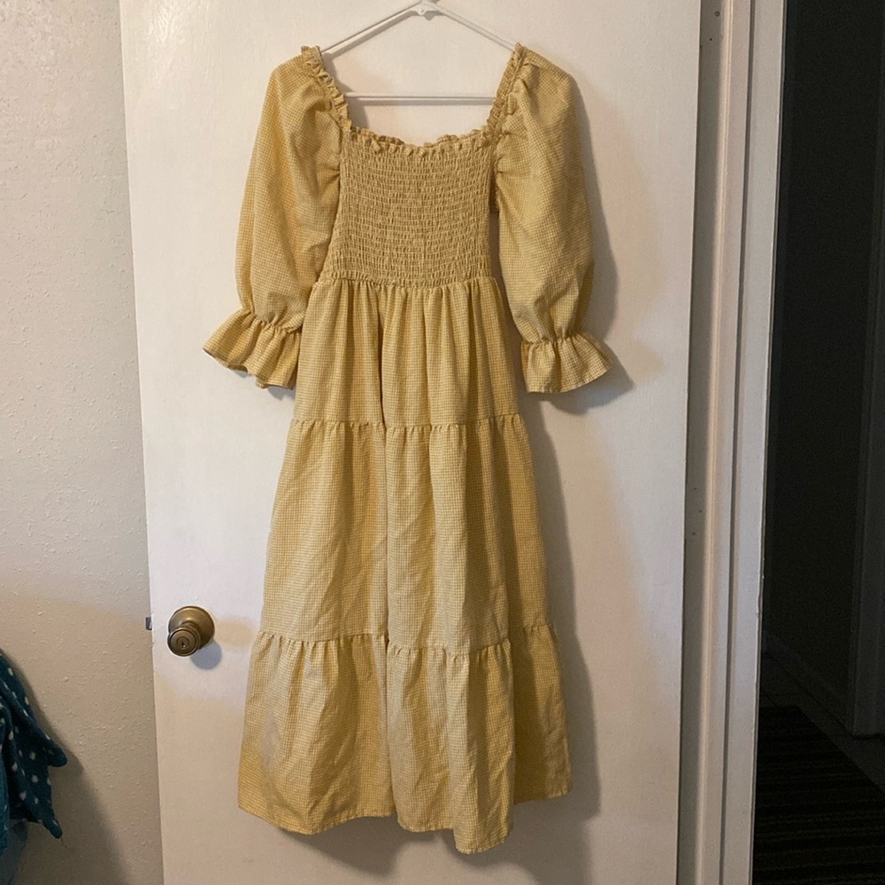 Yellow and white shirred tiered dress with puffy sleeves. Size small